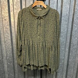 Lucky Brand Olive Green Floral Pintuck Button-Front Blouse